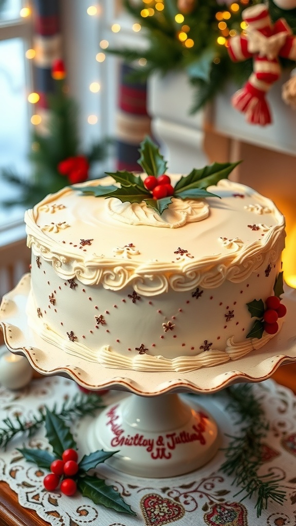 A traditional British Christmas cake with white icing and festive decorations on a cake stand.